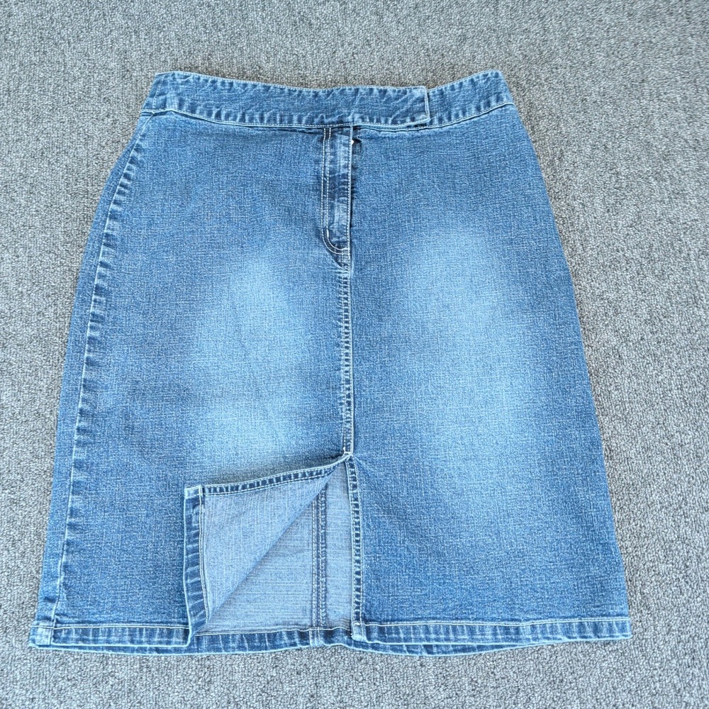 A.M.I. Denim Midi Skirt Size 10 Womens Blue Stretch Straight Front Slit Faded — photo 2